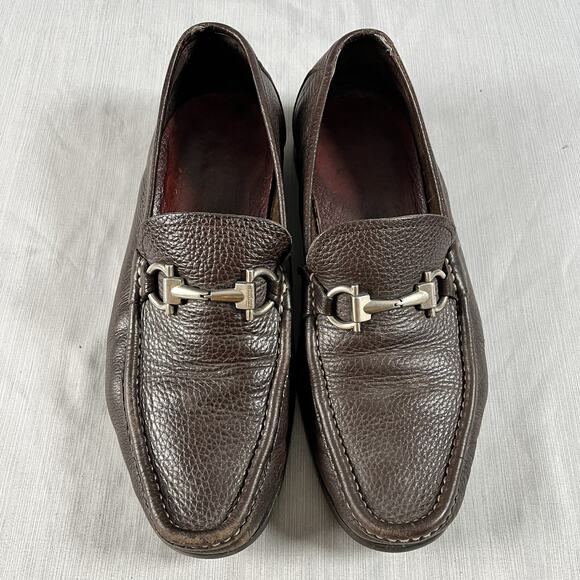 Salvatore Ferragamo Grandioso Gancini Bit Loafers Horse Bit Pebbled Brown 8 EE